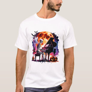 Skeleton Playing Piano With Ghost Creepy Halloween T-Shirt