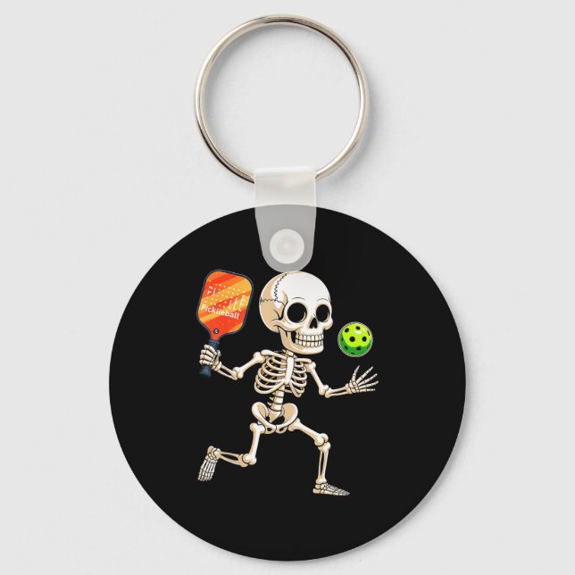 Skeleton playing pickle ball halloween costume key ring (Front)