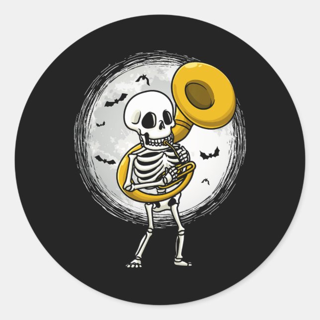 Skeleton Playing Sousaphone Tu Instrument Hallowee Classic Round Sticker (Front)
