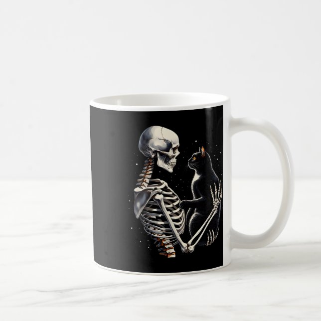 Skeleton Playing With A Cat Graphic Skull Cat Grap Coffee Mug (Right)
