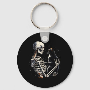Skeleton Playing With A Cat Graphic Skull Cat Grap Key Ring