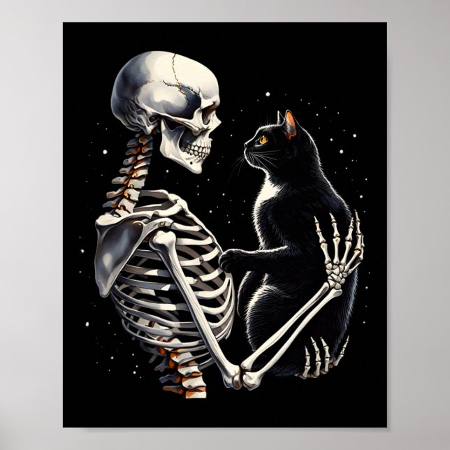 Skeleton Playing With A Cat Graphic Skull Cat Grap Poster (Front)