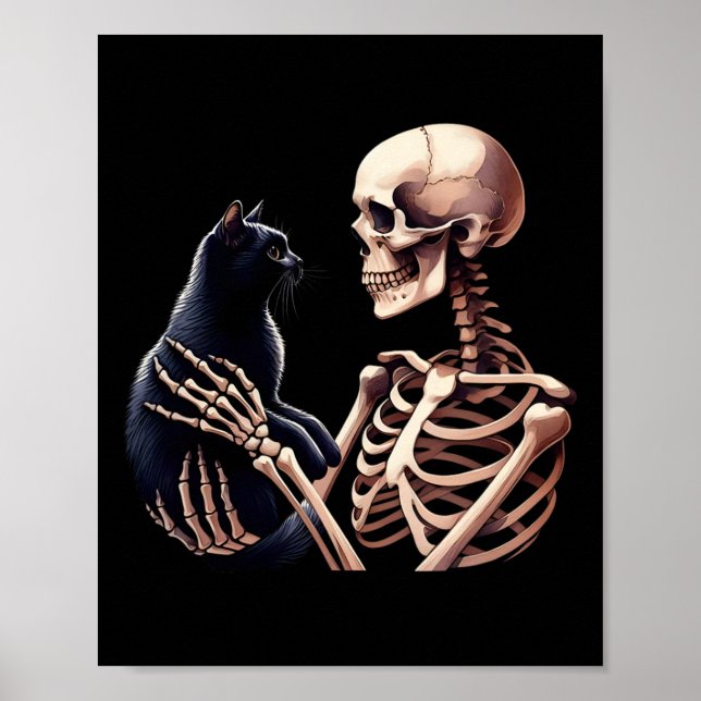 Skeleton Playing With A Cat Graphic Skull Cat Love Poster (Front)