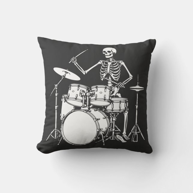 Skeleton plays the drums in rock band cushion (Front)