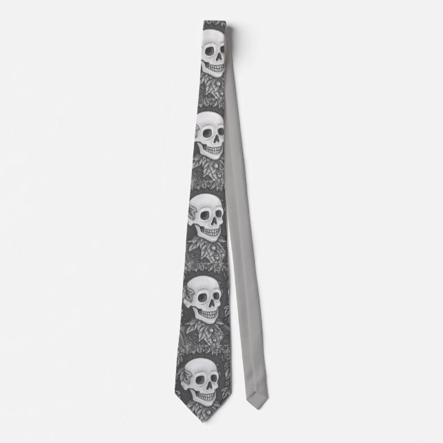 SKELETON PORTRAIT, SKULL, AUTUMN LEAVES NECK TIE (Front)
