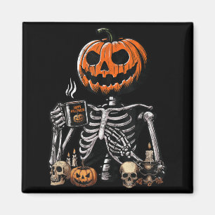 Skeleton Pumpkin Coffee Drinking Funny Halloween Magnet