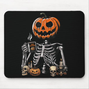 Skeleton Pumpkin Coffee Drinking Funny Halloween Mouse Pad