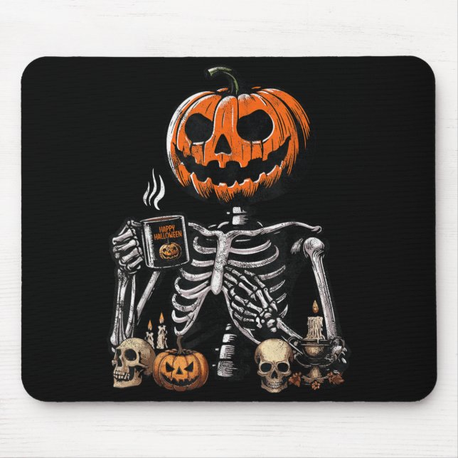 Skeleton Pumpkin Coffee Drinking Funny Halloween Mouse Pad (Front)
