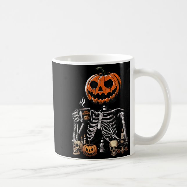 Skeleton Pumpkin Coffee Drinking Funny Halloween Mug (Right)