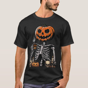 Skeleton Pumpkin Coffee Drinking Funny Halloween T-Shirt