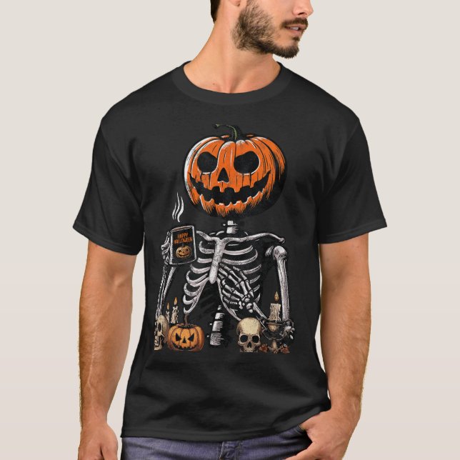 Skeleton Pumpkin Coffee Drinking Funny Halloween T-Shirt (Front)