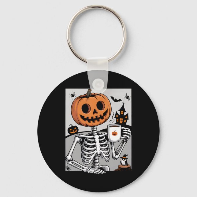 Skeleton Pumpkin Drinking Coffee Men Women Hallowe Key Ring (Front)