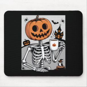 Skeleton Pumpkin Drinking Coffee Men Women Hallowe Mouse Pad