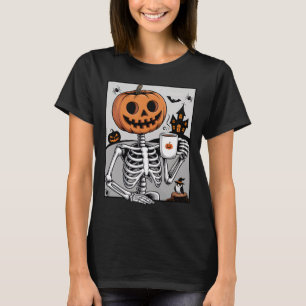 Skeleton Pumpkin Drinking Coffee Men Women Hallowe T-Shirt
