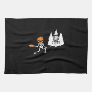 Skeleton Pumpkin Head Disc Golf Player Halloween Tea Towel