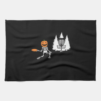 Skeleton Pumpkin Head Disc Golf Player Halloween Tea Towel