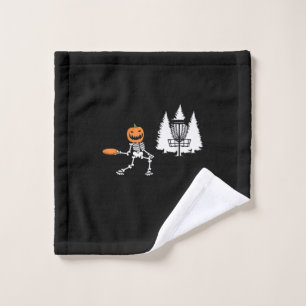 Skeleton Pumpkin Head Disc Golf Player Halloween Wash Cloth