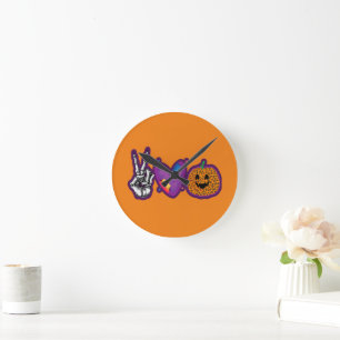 Skeleton Pumpkin Peace Love Halloween Round Clock