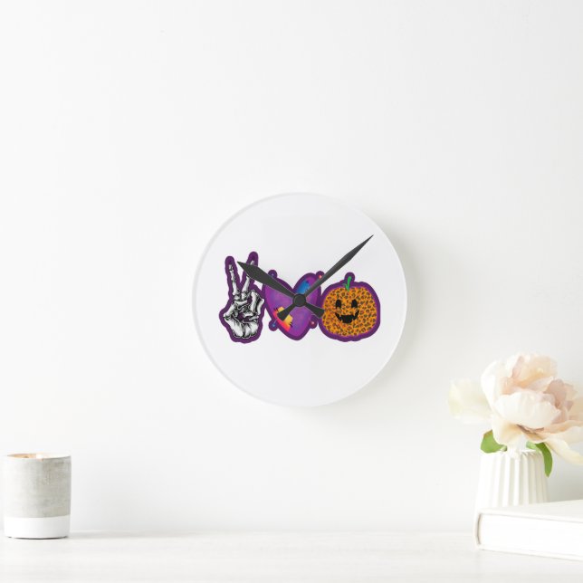 Skeleton Pumpkin Peace Love Halloween Round Clock (Home)