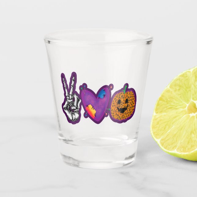 Skeleton Pumpkin Peace Love Halloween Shot Glass (Front)