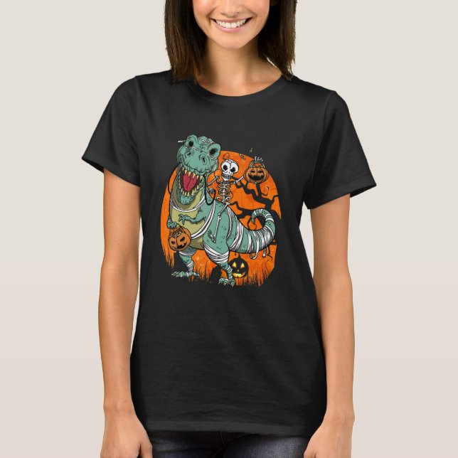  Skeleton Pumpkin Riding Mummy Dinosaur rex Hallow T-Shirt (Front)
