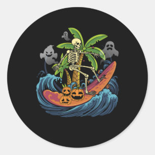 Skeleton Pumpkin Surfing Halloween Hawaii Hawaiian Classic Round Sticker