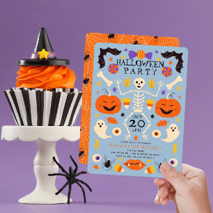 Skeleton Pumpkins Ghosts Blue Halloween Birthday Invitation