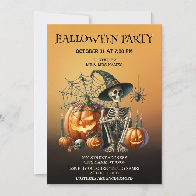 Skeleton Pumpkins Halloween Party Invitation (Front)