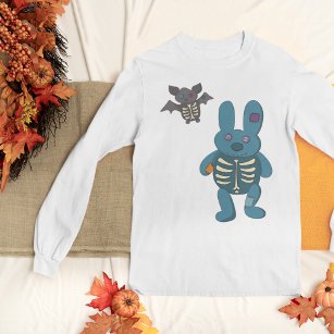 Skeleton Rabbit and Bat Cute Halloween Graphic T-Shirt