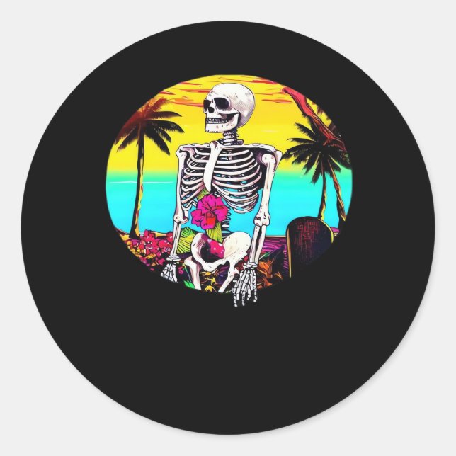 Skeleton Reaching Out From Sunset Beach Classic Round Sticker (Front)