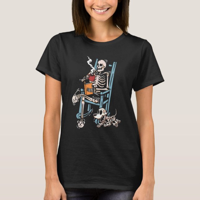 Skeleton Reading Book Drinking Coffee With Cute Do T-Shirt (Front)