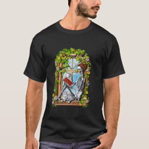 Skeleton Reading Book Floral Plants Cat Bookworm R T-Shirt