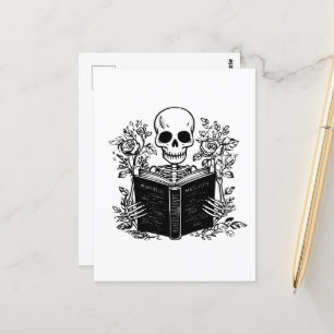 Skeleton reading romance book postcard