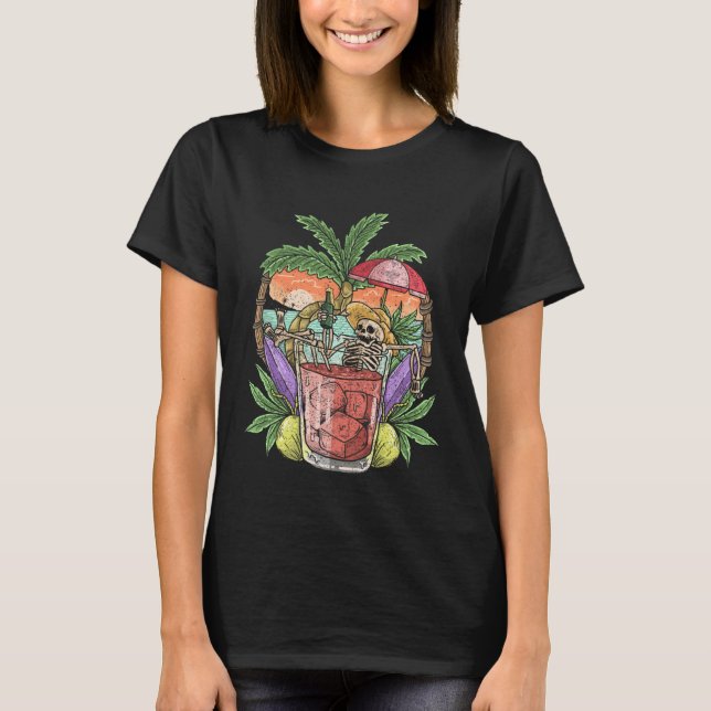 Skeleton Relaxing On Tropical Beach  Beer Drinking T-Shirt (Front)