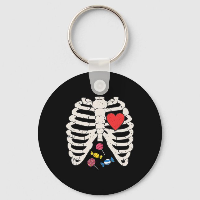 Skeleton Rib Cage Candy Heart Funny Xray Halloween Key Ring (Front)