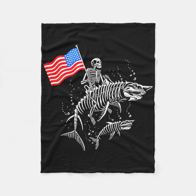 Skeleton Ride Shark 4th Of July  Fleece Blanket (Front)