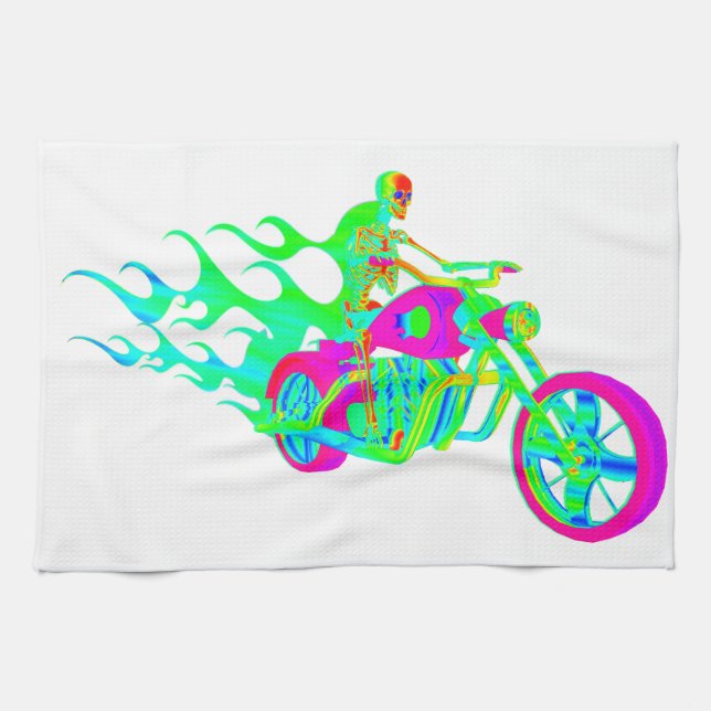 Skeleton Riding a Motorcycle Tea Towel (Horizontal)