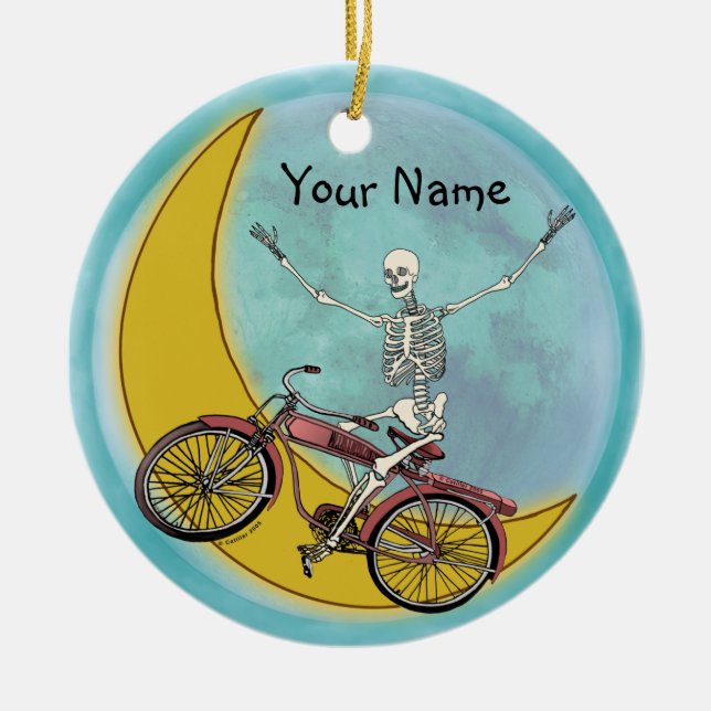 Skeleton Riding Bike Ceramic Ornament (Front)