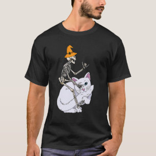 Skeleton Riding Cat Lazy Halloween Costume Cute Ki T-Shirt