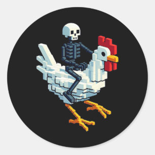 Skeleton Riding Chicken Block Style Pixel Art Gami Classic Round Sticker