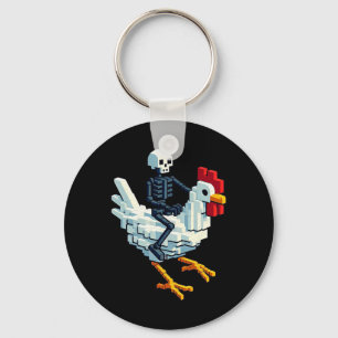 Skeleton Riding Chicken Block Style Pixel Art Gami Key Ring