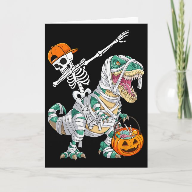Skeleton Riding Dancing Dab Dinosaur T Rex Hallowe Card (Front)