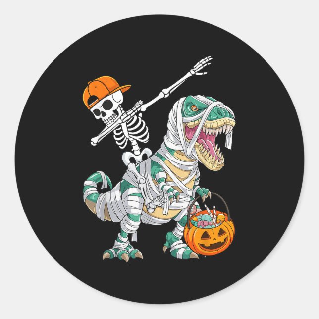 Skeleton Riding Dancing Dab Dinosaur T Rex Hallowe Classic Round Sticker (Front)
