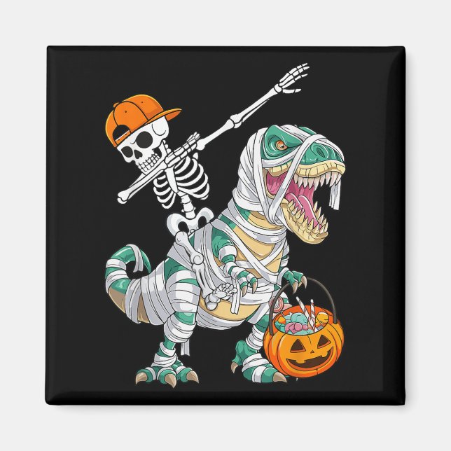 Skeleton Riding Dancing Dab Dinosaur T Rex Hallowe Magnet (Front)
