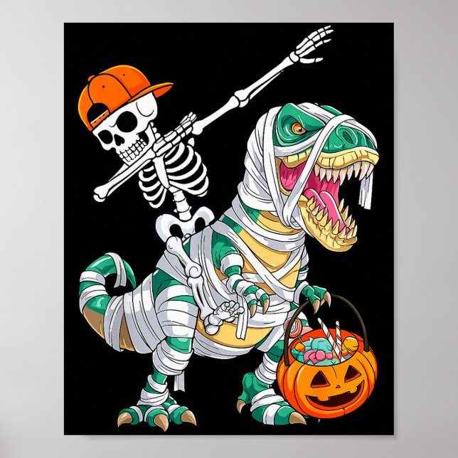 Skeleton Riding Dancing Dab Dinosaur T Rex Hallowe Poster (Front)