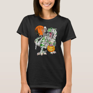 Skeleton Riding Dinosaur Rex Scary Halloween Moon T-Shirt
