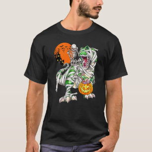 Skeleton Riding Dinosaur Rex Scary Halloween Moon T-Shirt