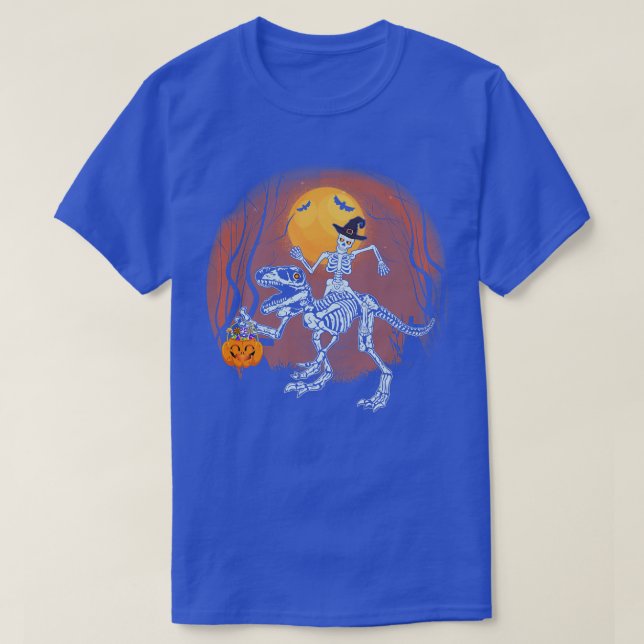 Skeleton Riding Dinosaur T re Halloween Pumpkin Bo T-Shirt (Design Front)