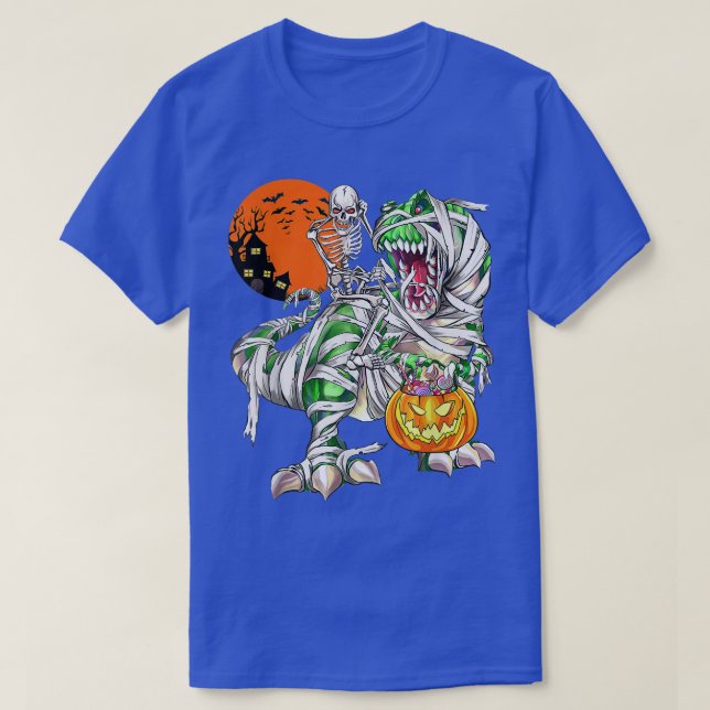 Skeleton Riding Dinosaur T Re Scary Halloween Moon T-Shirt (Design Front)
