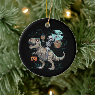 Skeleton Riding Dinosaur T rex Halloween Pumpkin Ceramic Ornament
